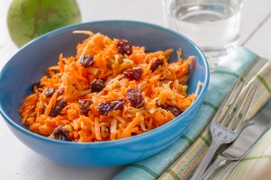 Carrot and Raisin Salad in Blue Bowl